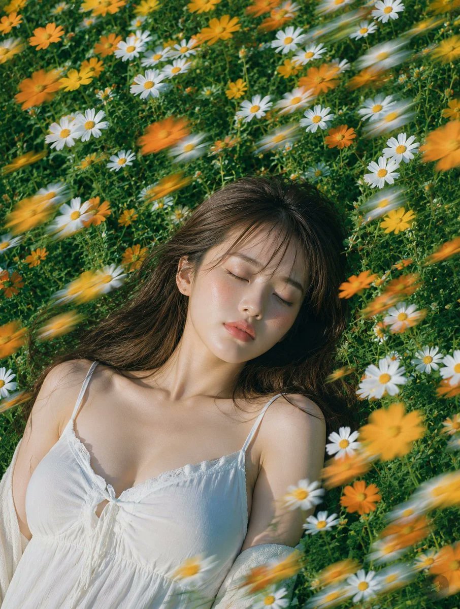 主題： 花風のまどろみ 主体： 縦長4:5の写真風ポートレート。白と黄色のマーガレット、オレンジ色の小花が密に咲く夏の草花畑に、成熟した大人の女性が仰向けで静か… — AI-generated image by @lovimg_com using GPT Image 2