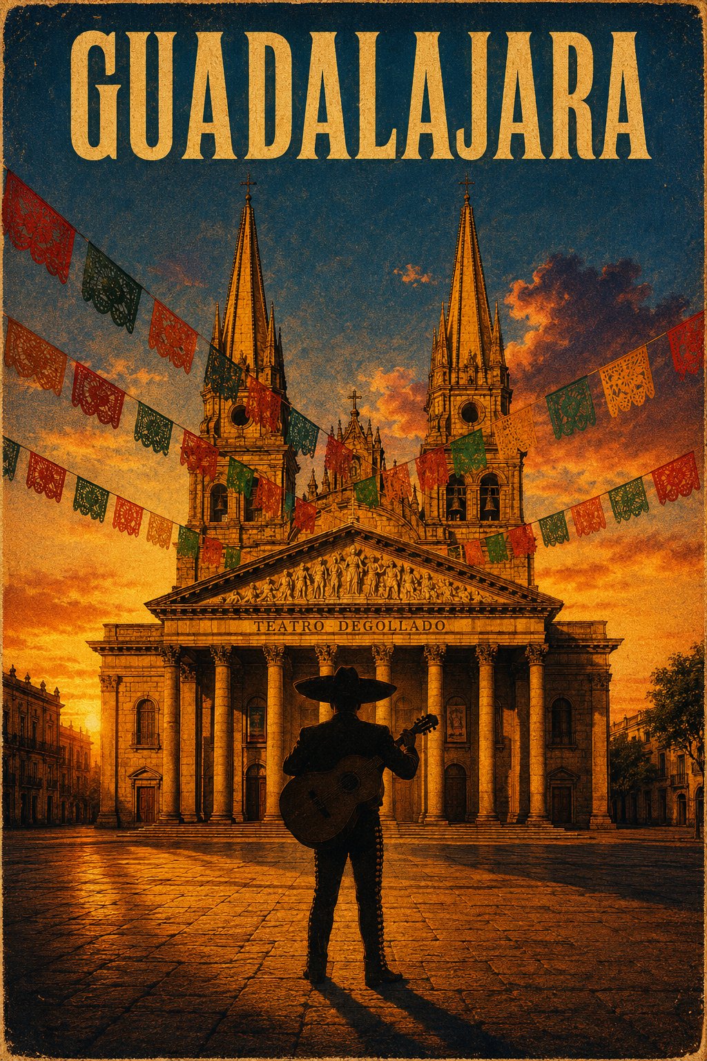 @Crea una imagen { "style": "Cinematic Vintage Movie Poster — Guadalajara,… — AI-generated image by @MiMundoConIA using GPT Image 2