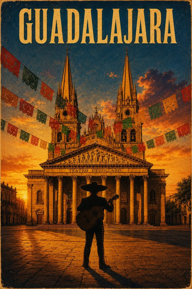 @Crea una imagen { "style": "Cinematic Vintage Movie Poster — Guadalajara,… — GPT Image 2 prompt by @MiMundoConIA