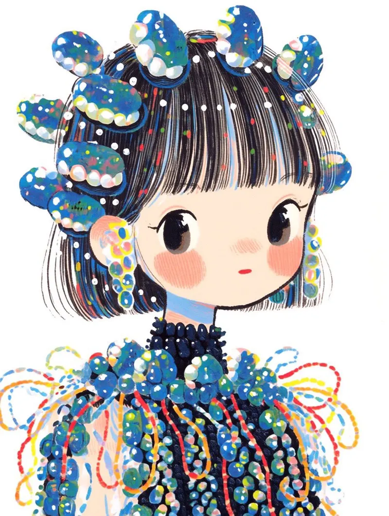 A whimsical fashion illustration of a cute doll-like girl with a short glossy… — GPT Image 2 prompt by @Sairah_0