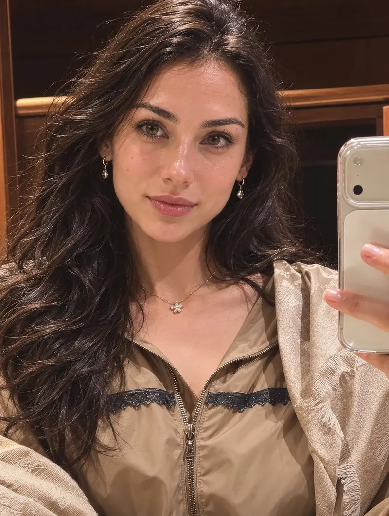 Ultra-realistic photorealistic mirror selfie of a beautiful young woman with… — AI Model prompt by @oju689
