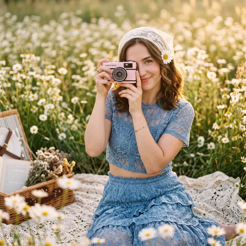 Close-up editorial portrait, young woman in blue lace crop top and ruffled… — Nano Banana 2 prompt by @meng_dagg695
