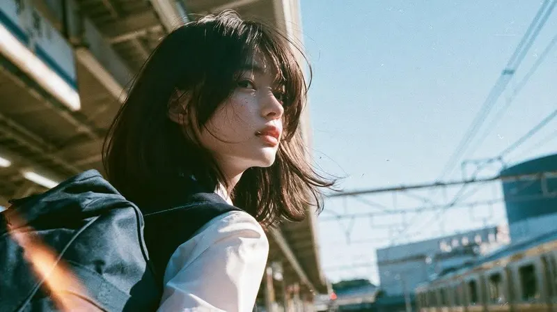 A cinematic coming-of-age portrait of a Japanese high school girl at a suburban… — Seedream prompt by @Kashberg_0