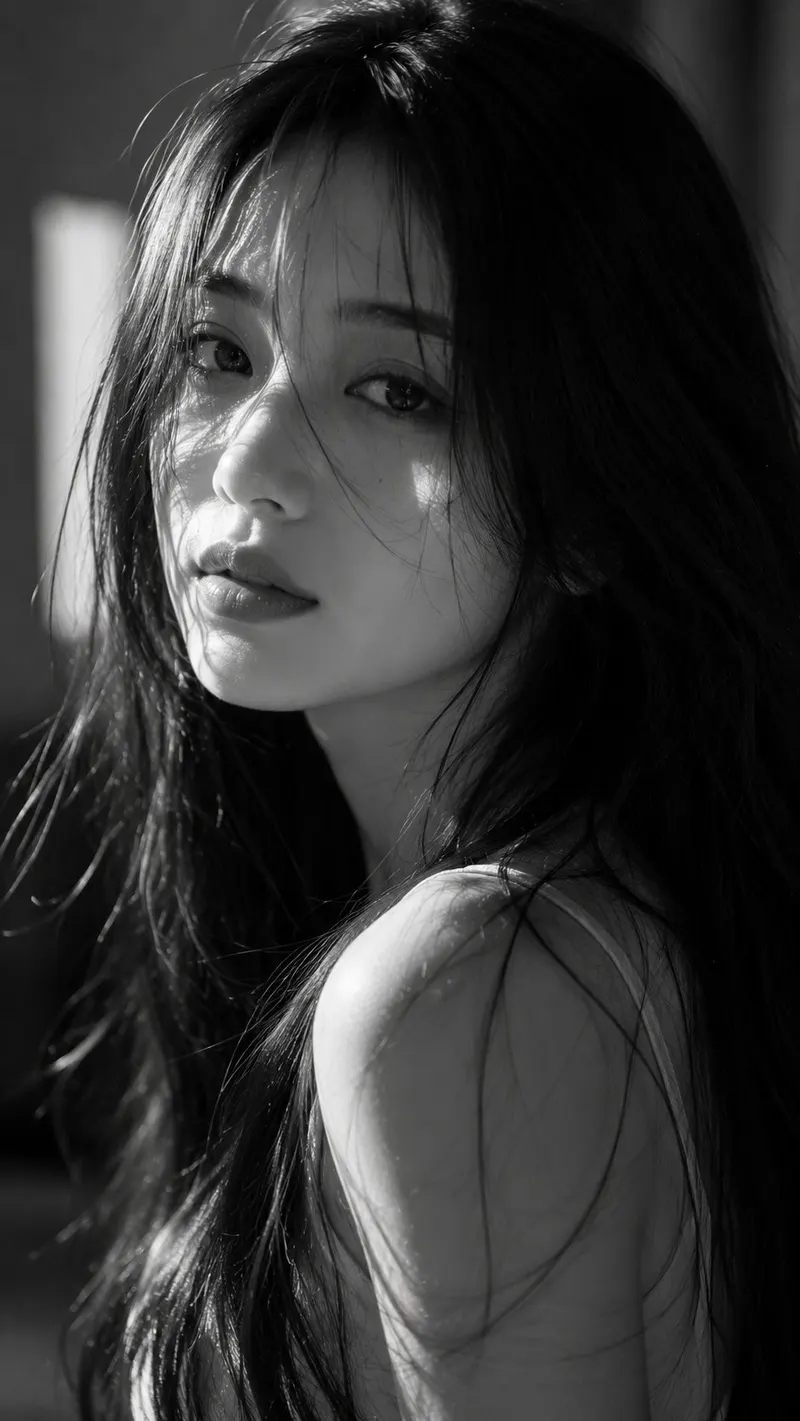 Ultra-photorealistic cinematic black-and-white fine-art beauty portrait of a… — AI Model prompt by @MissDelulu9