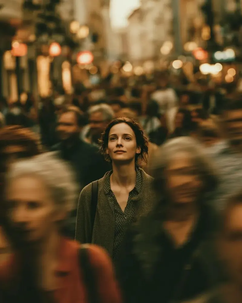A woman walking calmly in the middle of a bustling crowd, with everyone else in… — Seedream prompt by @Kashberg_0