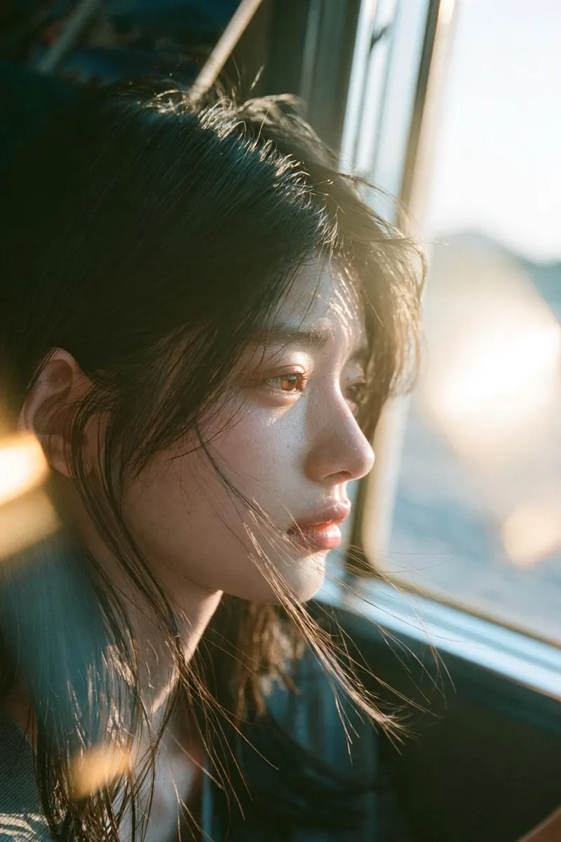 A melancholic young East Asian woman with long, slightly messy black hair sits… — Seedream prompt by @ChillaiKalan__