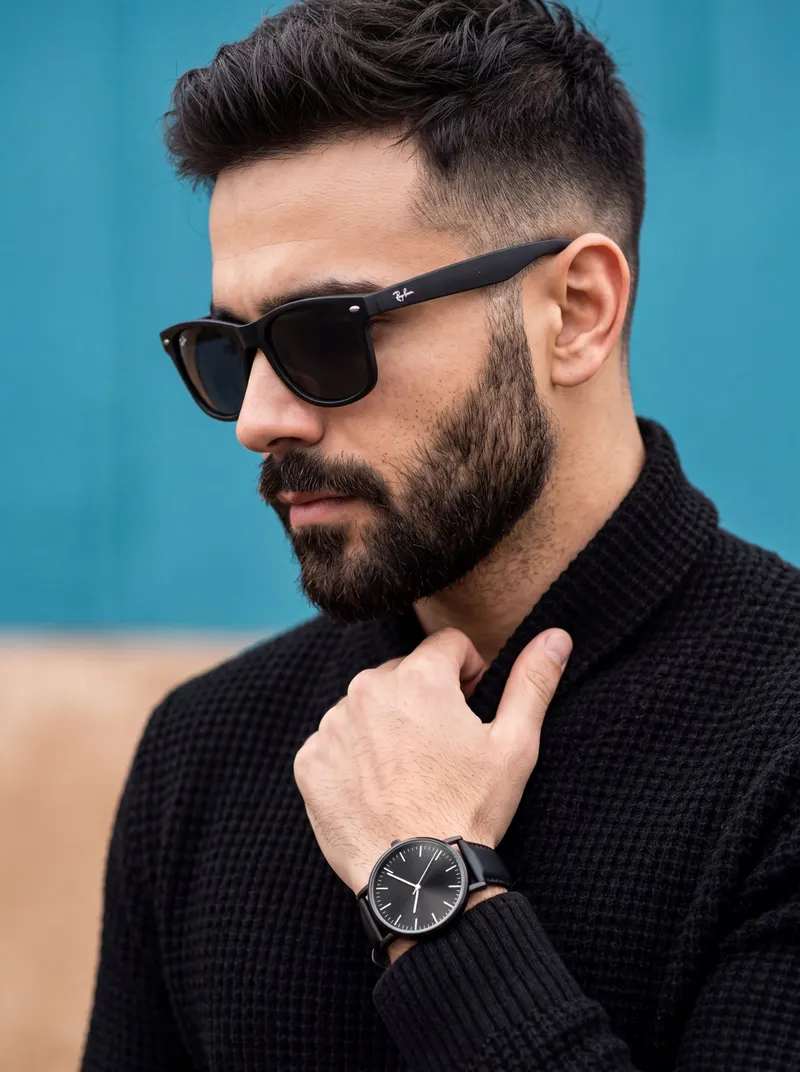 A close-up, cinematic fashion editorial portrait of a stylish man with a sharp… — Nano Banana 2 prompt by @rovvmut_