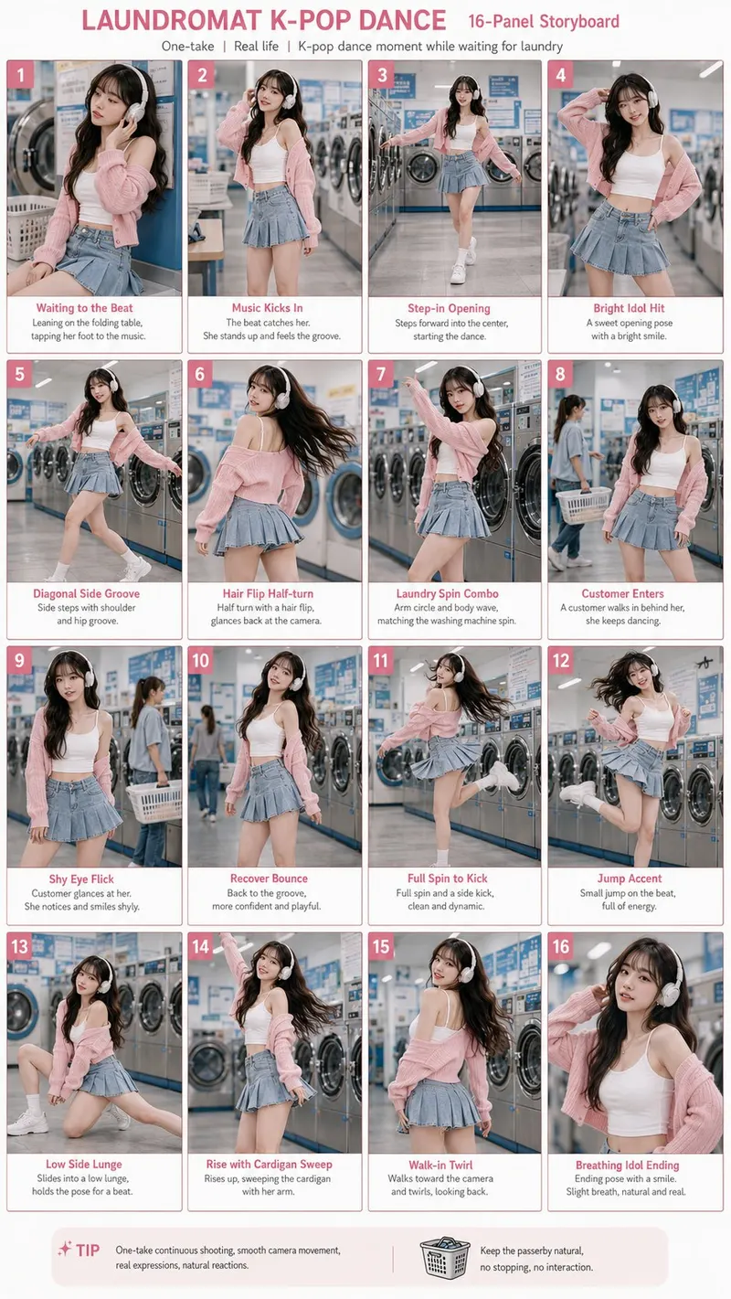 Theme: Laundromat K-pop Dance Character: young adult East Asian K-pop dancer,… — Seedance prompt by @MrLarus