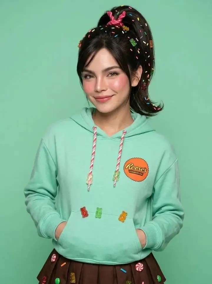 Mid-closeup true-to-life studio portrait of Vanellope von Schweetz, plain mint… — GPT Image 2 prompt by @SimplyAnnisa