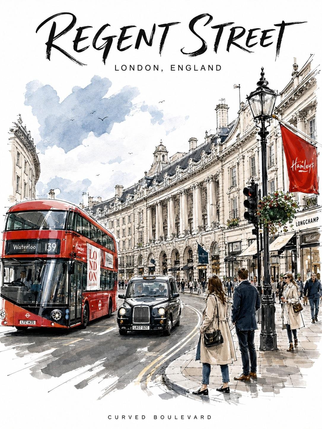 Create a sophisticated illustrated travel poster of **[Rua…