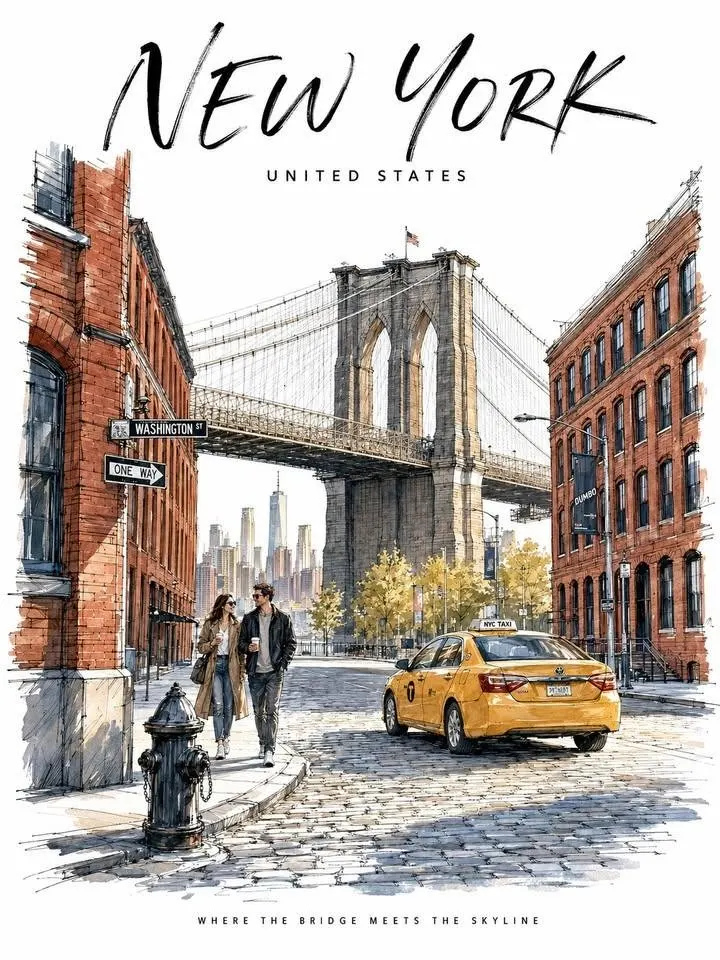 Create a sophisticated illustrated travel poster of **New York City** in a… — GPT Image 2 prompt by @SimplyAnnisa