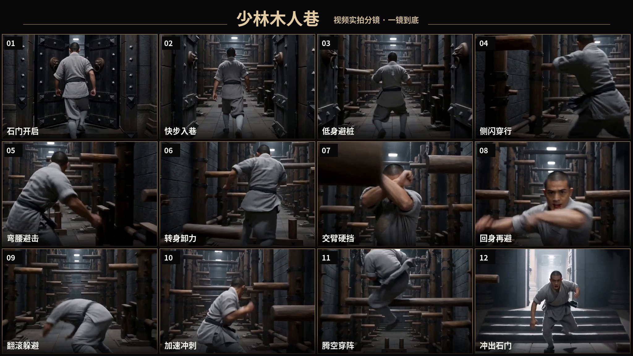 生成一段15秒、横版16:9、真人写实功夫片质感的《少林木人巷》一镜到底闯关视频。 场景是一条笔直、狭长的木人巷，入口与出口位于同一直线上。青灰石墙两侧布满木柱… — AI-generated image by @MrLarus using Seedance