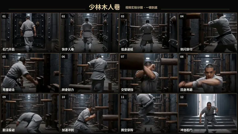 生成一段15秒、横版16:9、真人写实功夫片质感的《少林木人巷》一镜到底闯关视频。 场景是一条笔直、狭长的木人巷，入口与出口位于同一直线上。青灰石墙两侧布满木柱… — Seedance prompt by @MrLarus
