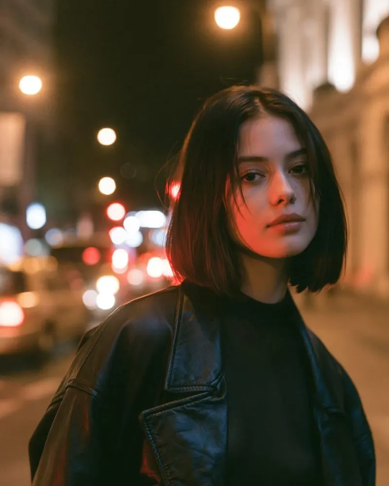 Photorealistic cinematic night portrait of a young woman standing on a city… — Midjourney prompt by @Goodmanprotocol