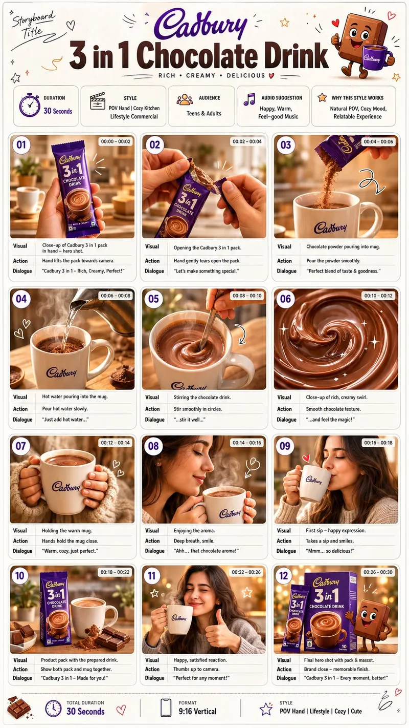 TITLE: Cadbury 3 in 1 Chocolate Drink FORMAT: • Premium commercial storyboard… — GPT Image 2 prompt by @Strength04_X