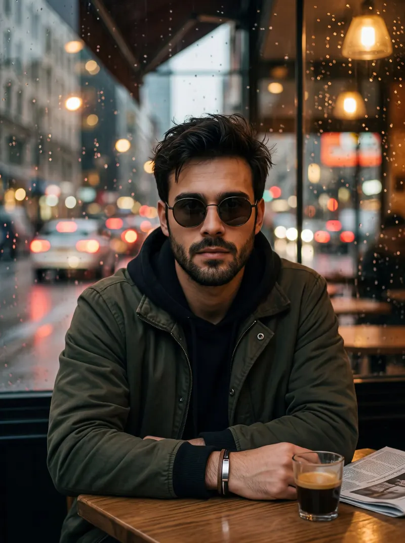 A cinematic realistic portrait of a young man same as uploaded image sitting at… — Nano Banana Pro prompt by @rovvmut_
