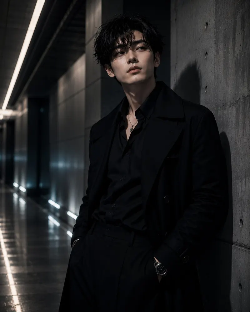 Photorealistic cinematic portrait of a handsome young East Asian man leaning… — GPT Image 2 prompt by @MissDelulu9