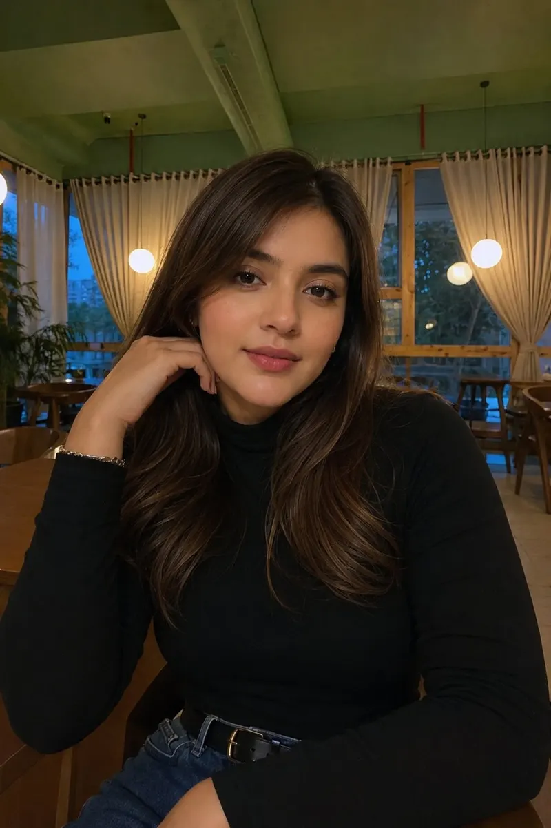 Ultra-realistic cinematic portrait of a beautiful young woman sitting in a… — AI Model prompt by @oju689