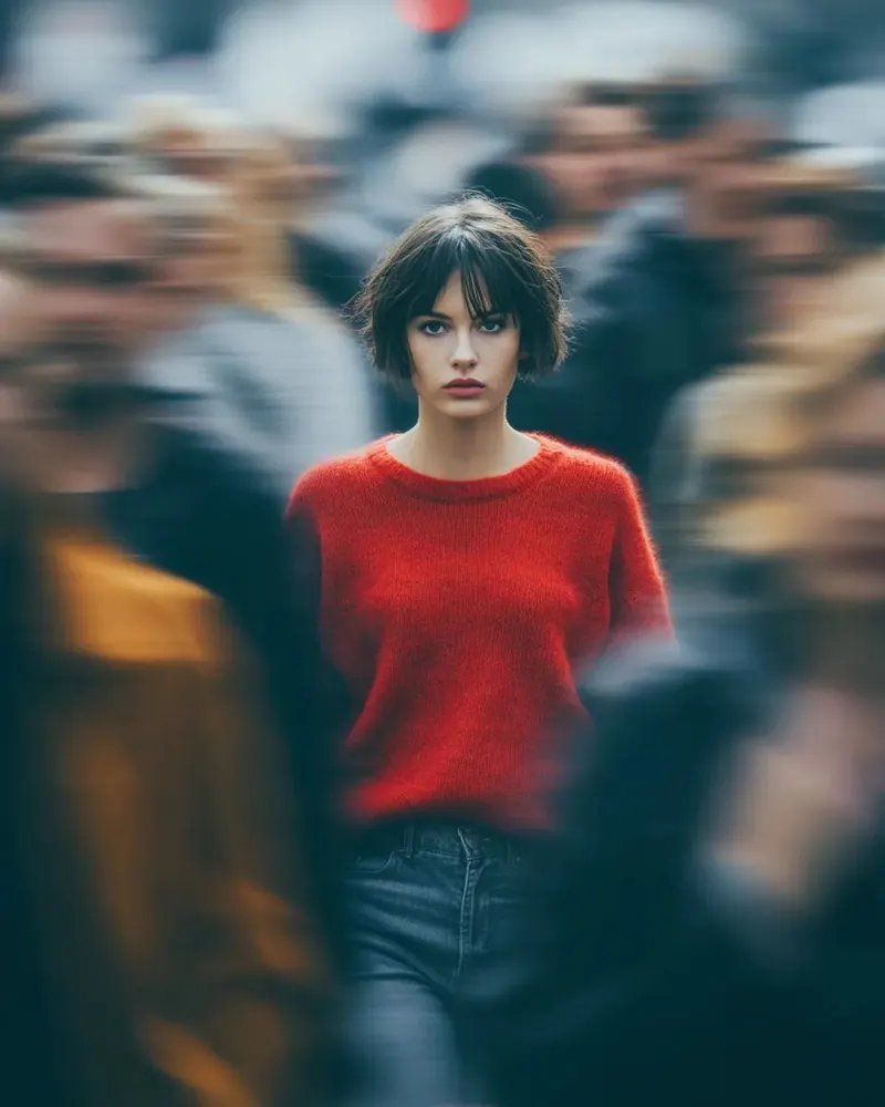 Photo of a woman standing alone on the street, surrounded by blurred figures… — Seedream prompt by @ChillaiKalan__
