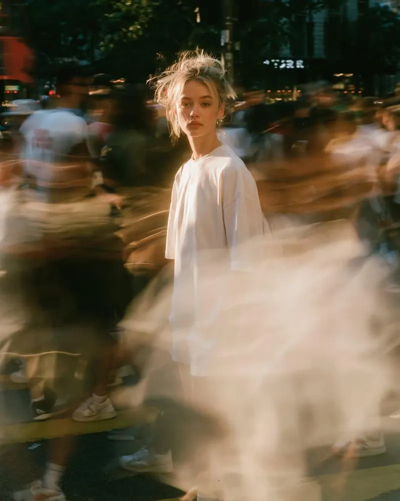 A warm film street portrait at golden hour, young woman standing perfectly… — Midjourney prompt by @Goodmanprotocol