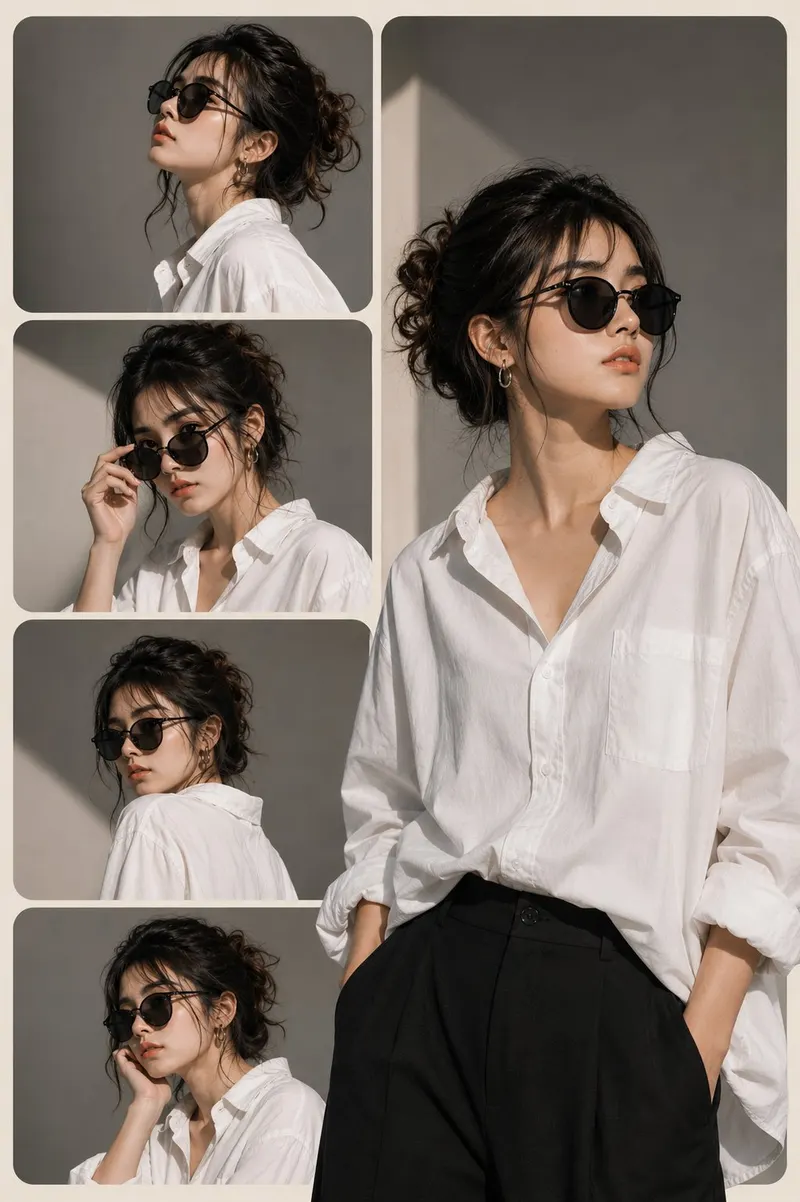 Create a stylish editorial fashion collage featuring the same young woman in… — AI Model prompt by @MissDelulu9