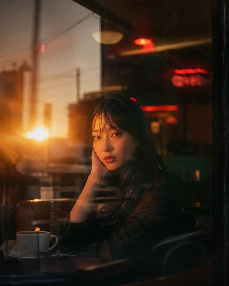Cinematic golden hour portrait photographed through the rain-speckled window of… — GPT Image 2 prompt by @MissDelulu9