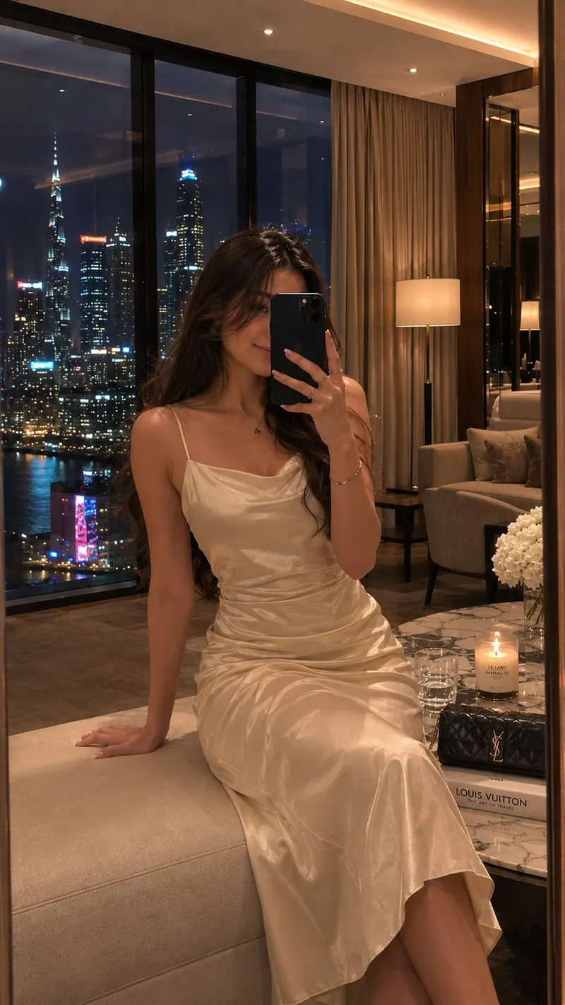 Ultra-realistic luxury hotel suite mirror selfie captured after sunset inside… — GPT Image 2 prompt by @john_my07