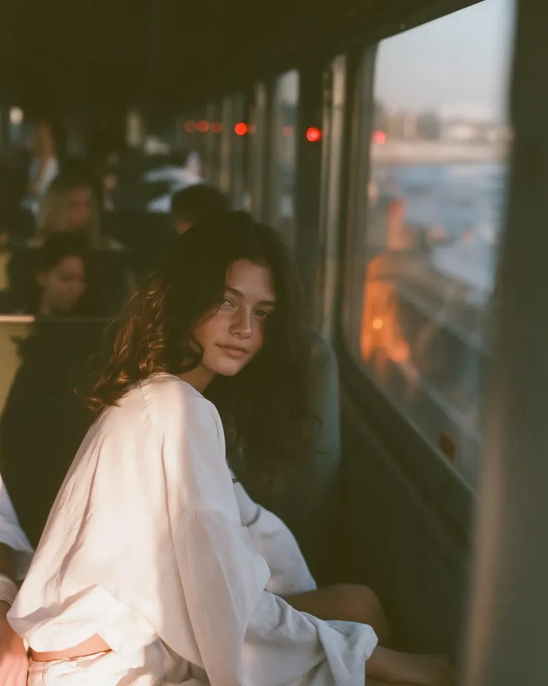 A moody golden-hour portrait of a young brunette woman sitting beside the… — GPT Image 2 prompt by @Ciri_ai