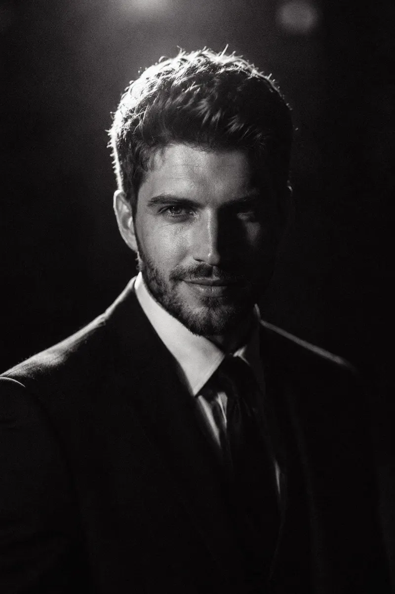Ultra-realistic cinematic black-and-white portrait of a young male in a formal… — GPT Image 2 prompt by @RizwanAly07