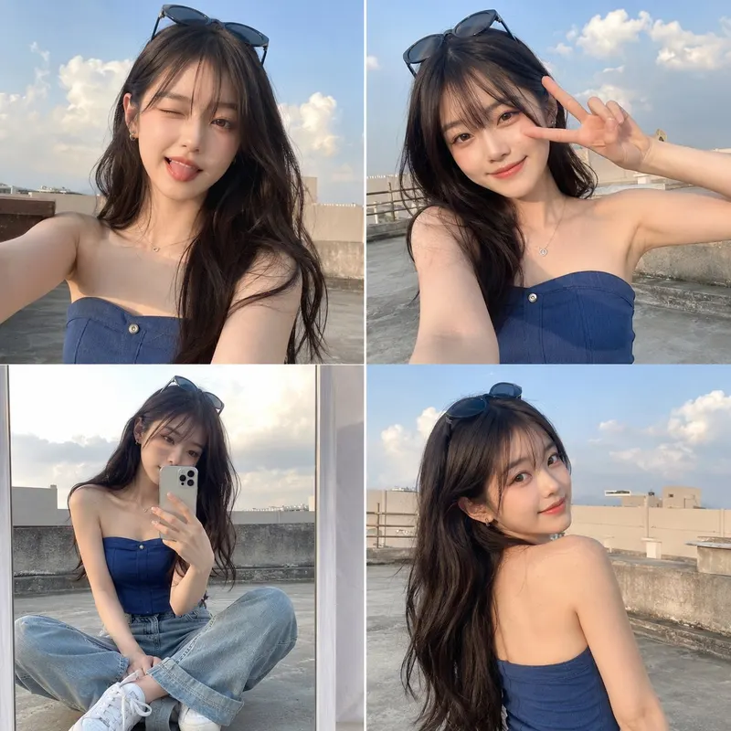 Ultra-realistic lifestyle selfie collage of a cute young woman on a rooftop… — AI Model prompt by @MissDelulu9