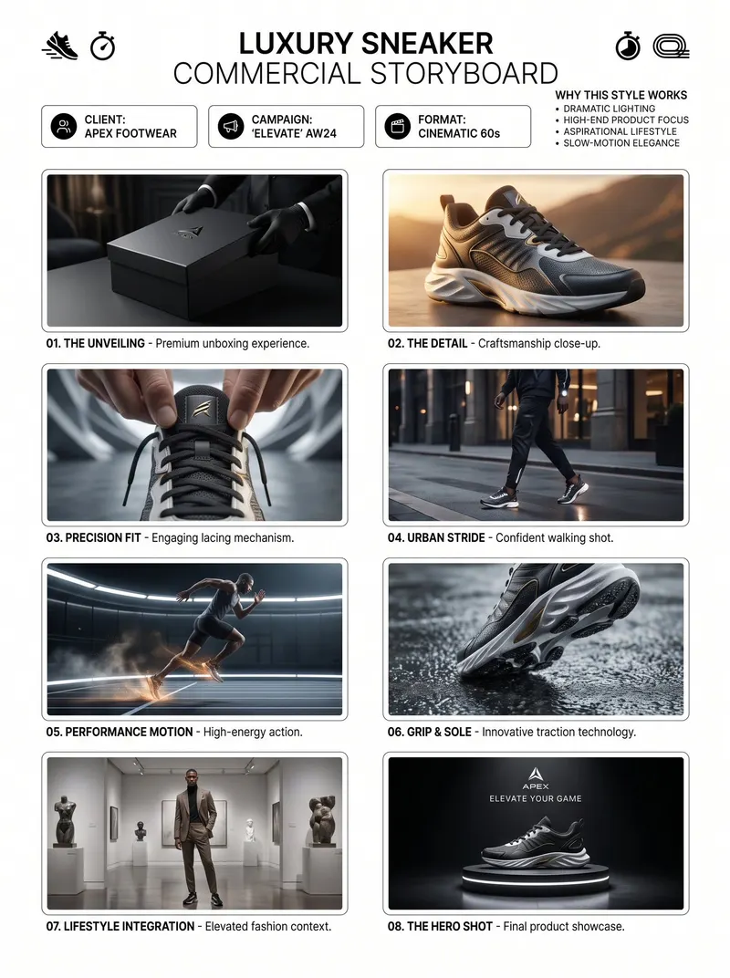 Luxury Sneaker Commercial Storyboard FORMAT: • Single-page premium storyboard •… — GPT Image 2 prompt by @Strength04_X