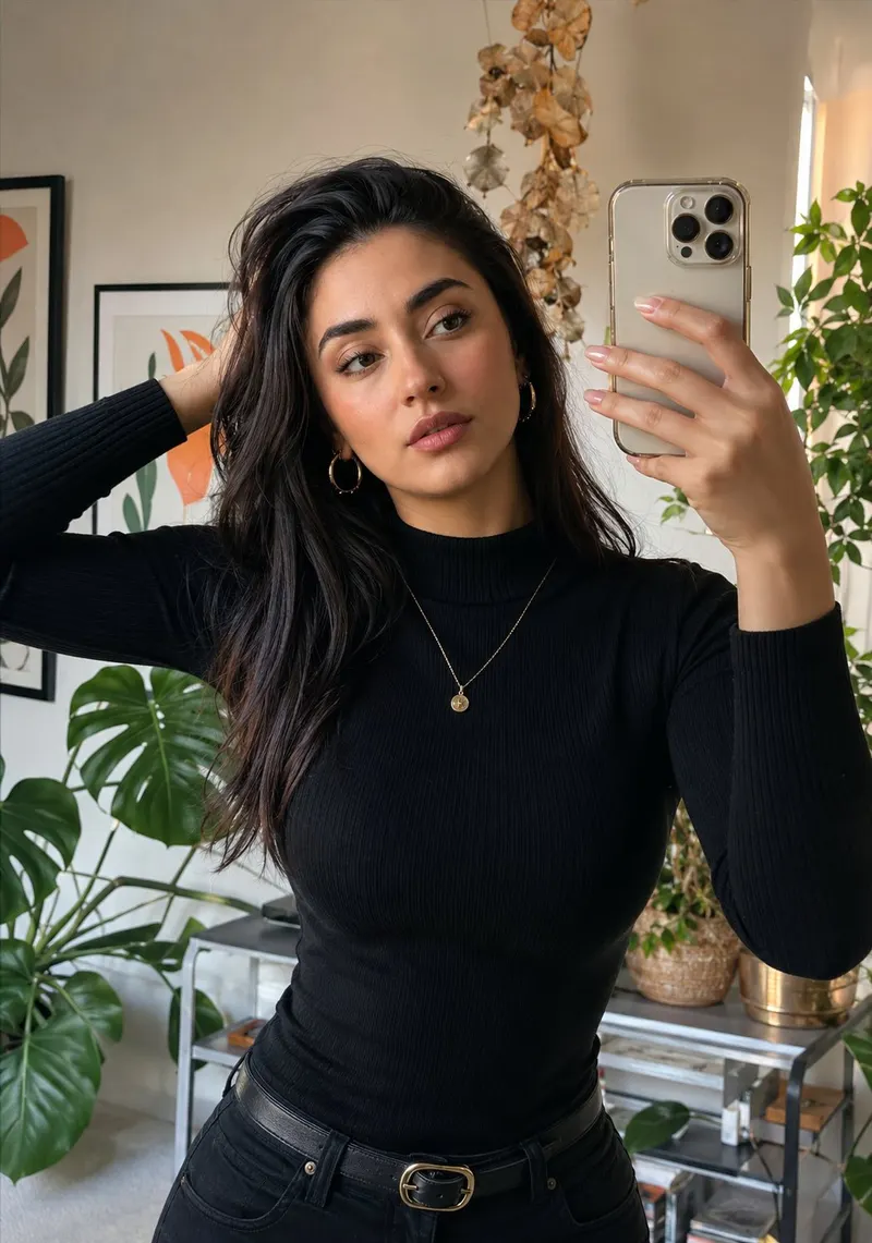 Ultra-realistic lifestyle mirror selfie of a stunning young woman with long,… — AI Model prompt by @oju689