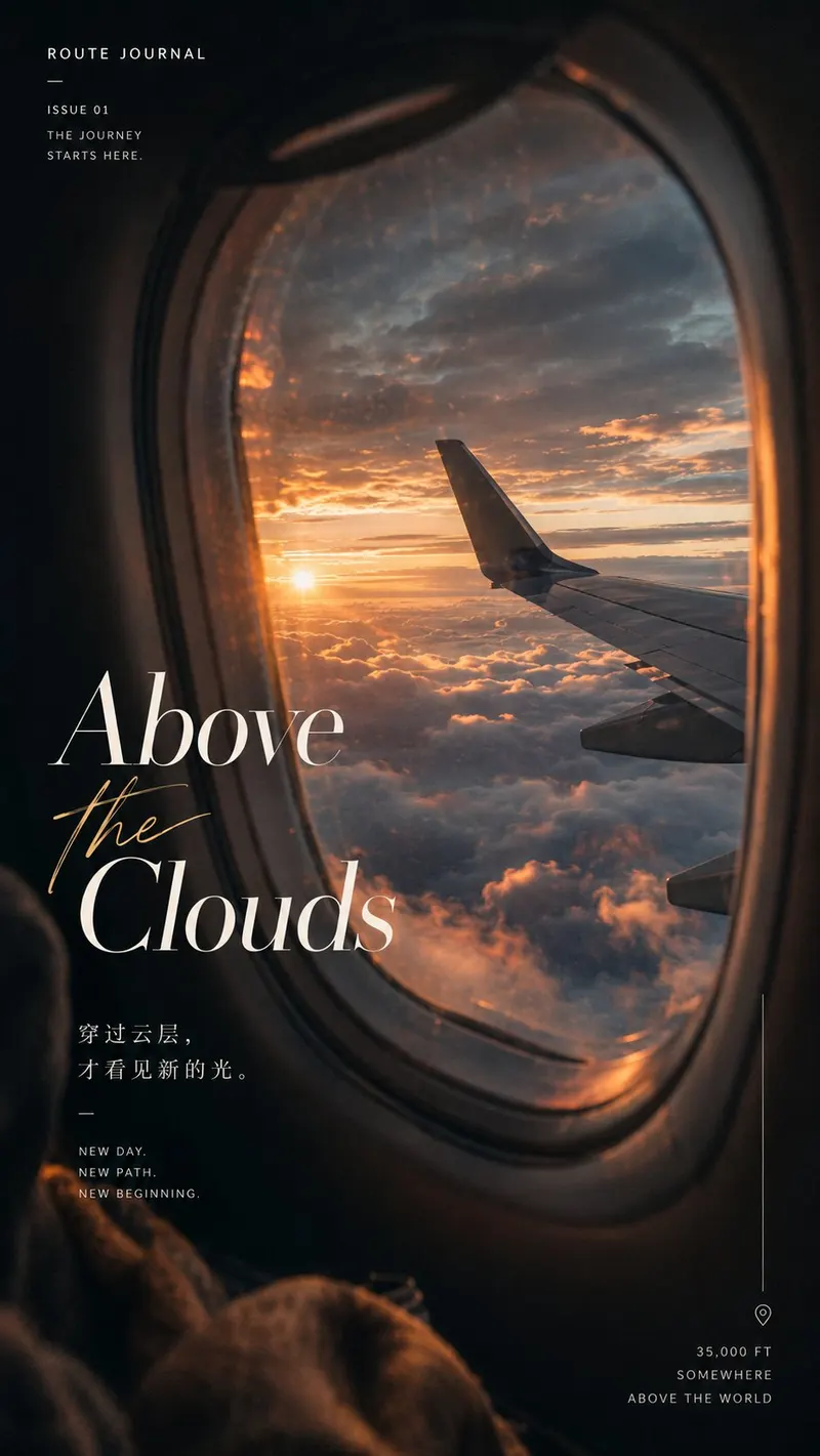 请生成一张「旅途窗口叙事海报」。 【可替换内容】 交通工具：【飞机 / 火车 / 汽车 / 轮渡 / 巴士】 窗外场景：【云海日出 / 荒漠峡谷 / 雨夜城市… — GPT Image 2 prompt by @MrLarus