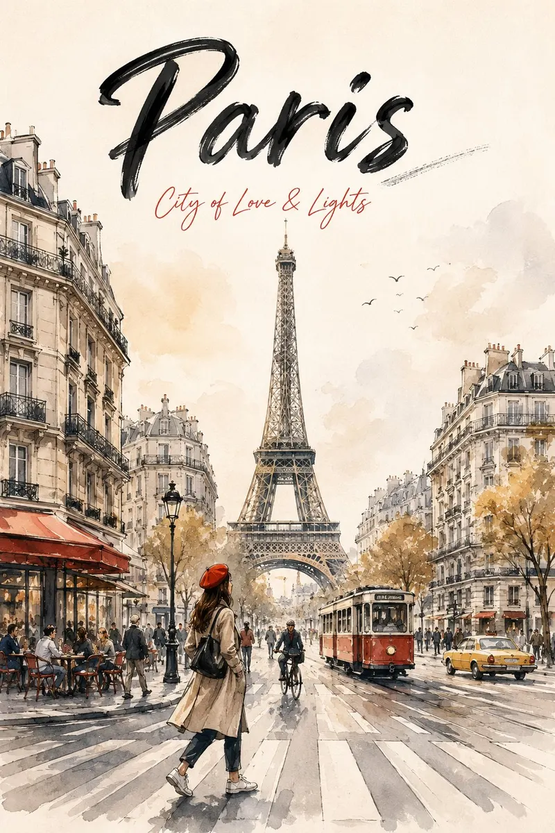 Create a premium watercolor travel poster for {{CITY_NAME}} in a modern urban… — GPT Image 2 prompt by @MissDelulu9