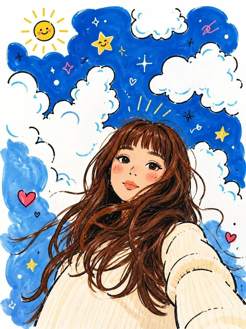 Dreamy low-angle selfie portrait of a young woman with long flowing… — GPT Image 2 prompt by @Taaruk_