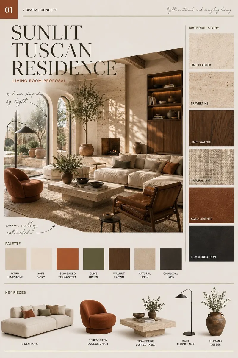 Create a four-page interior design proposal series titled “Sunlit Tuscan… — GPT Image 2 prompt by @MrLarus