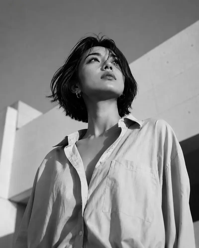 Low-angle fashion editorial shot of an East Asian woman with a short black bob… — GPT Image 2 prompt by @ChillaiKalan__
