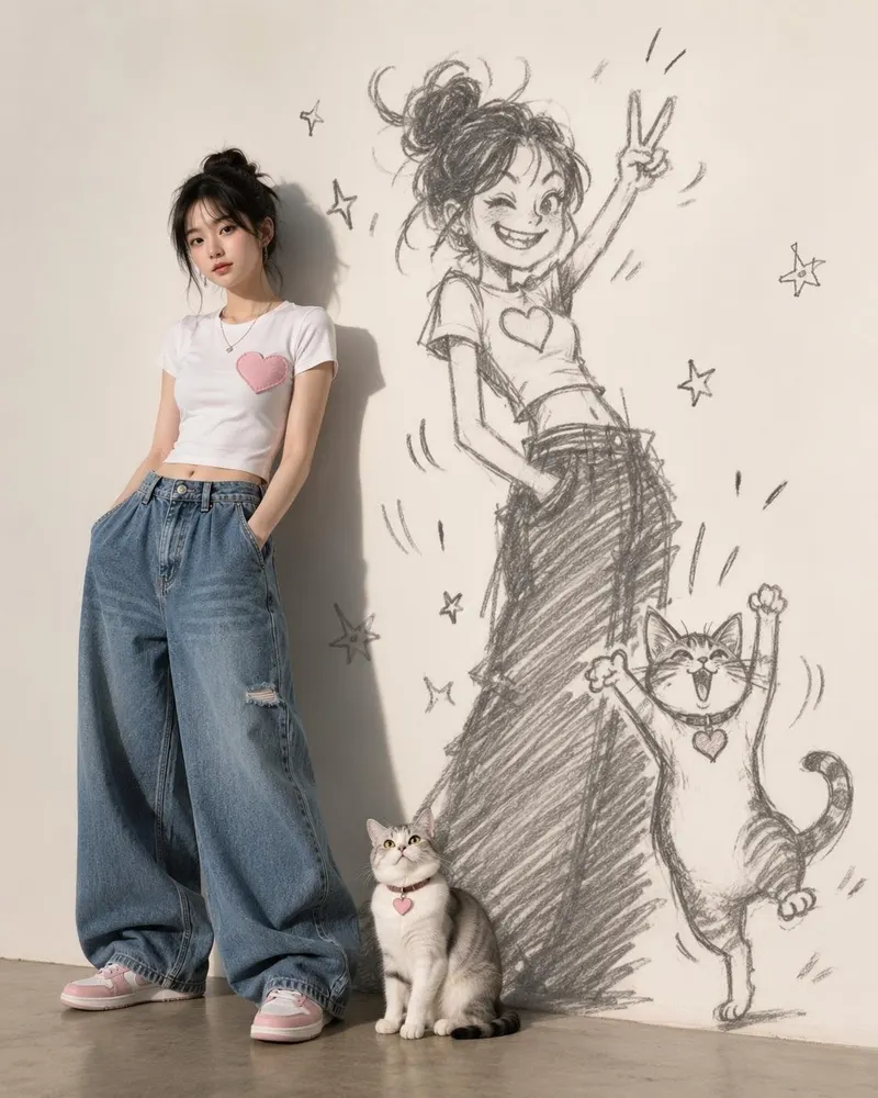 Playful, hand-drawn shadows mimic the amusing poses of a cat and a 20-year-old… — GPT Image 2 prompt by @Goodmanprotocol