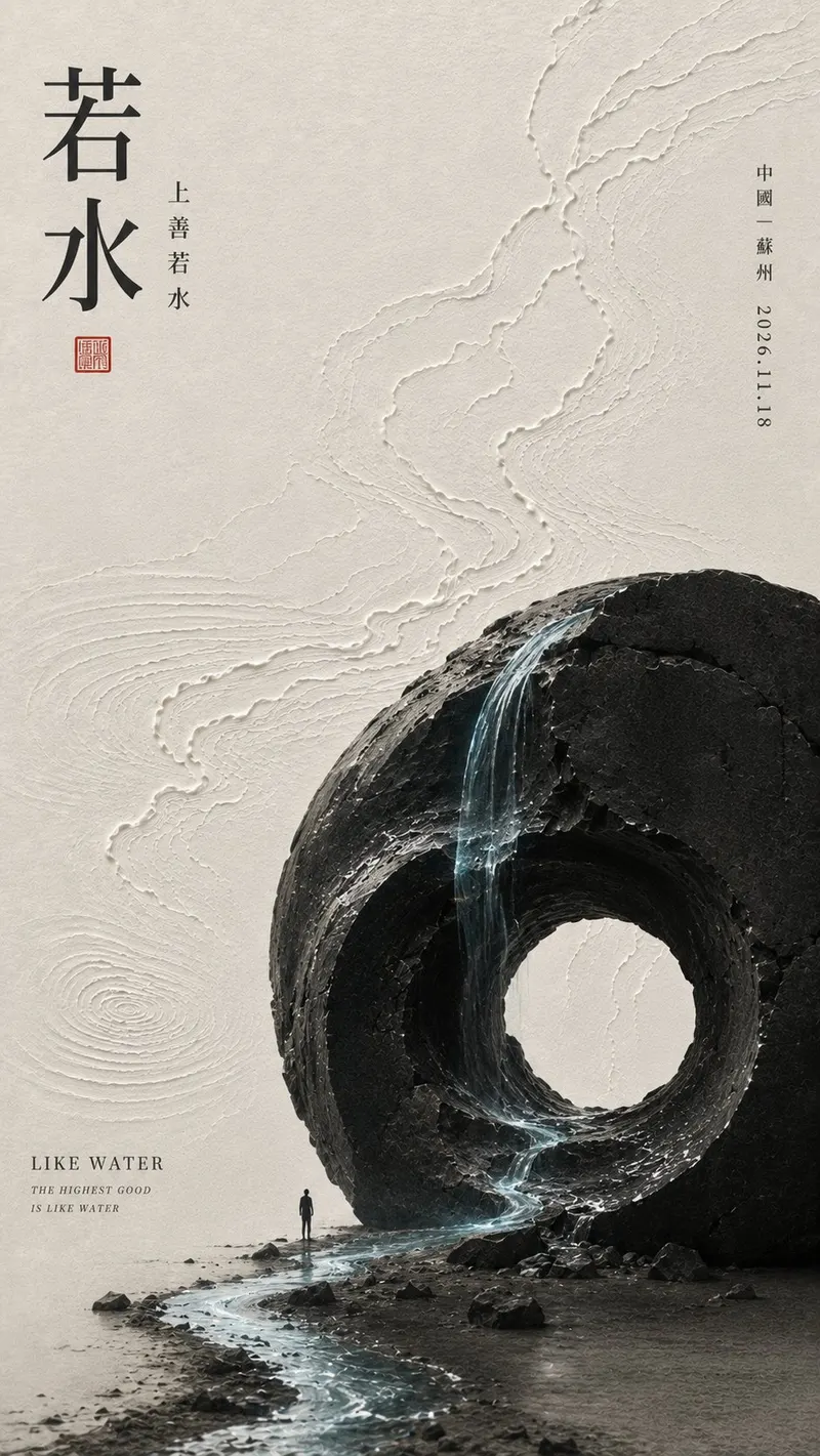 【哲思短句】：【填写一句熟悉、有意境的中文短句】 【两字标题】：【从短句中提炼两个核心字】 【核心重物件】：【岩体 / 门 / 阶梯 / 结体 / 容器 /… — AI Model prompt by @MrLarus