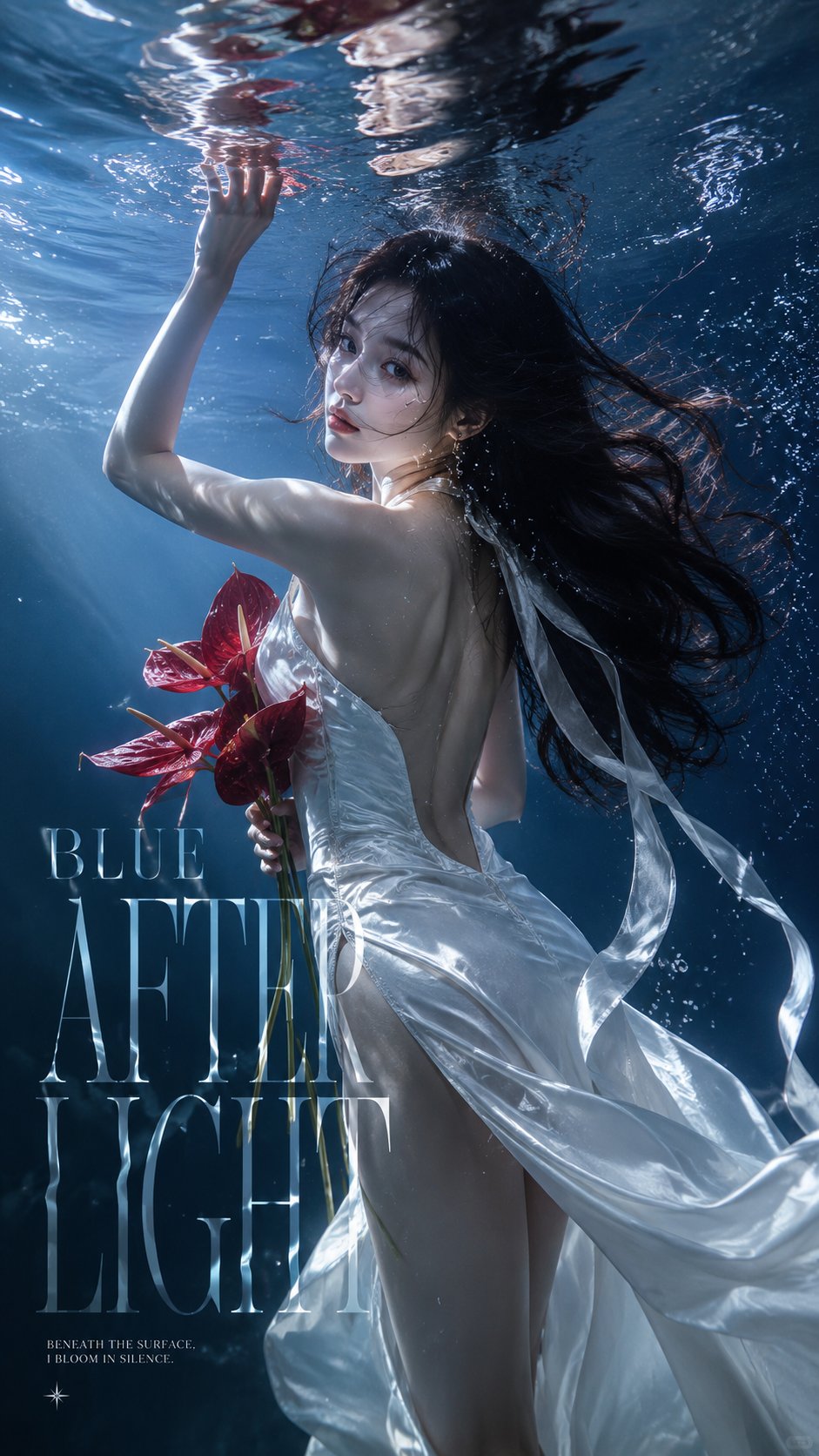 Create a 9:16 vertical underwater fashion editorial poster.…