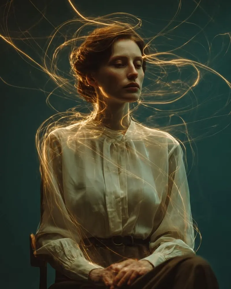 A cinematic fine-art portrait of a serene young woman seated on a minimalist… — GPT Image 2 prompt by @Taaruk_