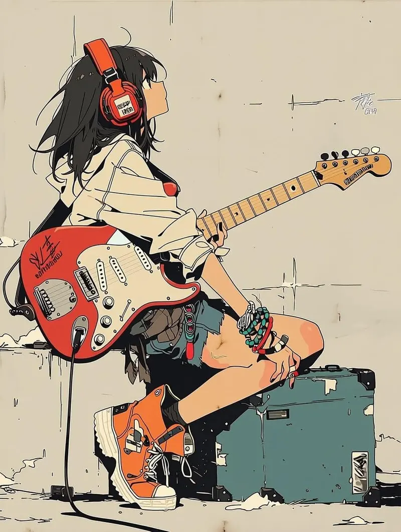 Minimalist anime illustration of a stylish teenage girl sitting on a vintage… — GPT Image 2 prompt by @Taaruk_