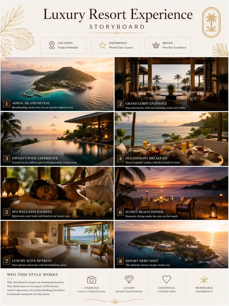 TITLE: Luxury Resort Experience Storyboard FORMAT: • Single-page premium… — GPT Image 2 prompt by @Strength04_X