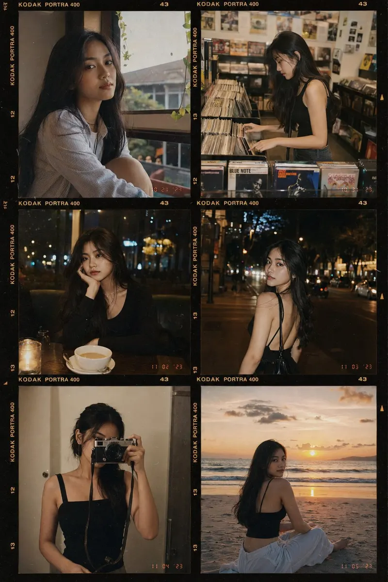 A photorealistic vintage analog 35mm film collage featuring the same beautiful… — GPT Image 1 prompt by @MissDelulu9