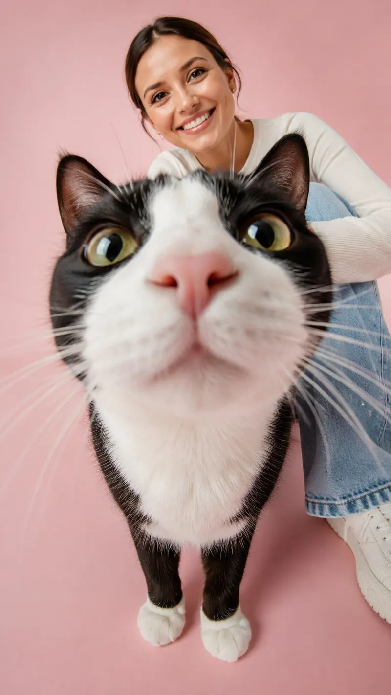 Create an image of me in the same frame as a cat. In a realistic photographic… — GPT Image 2 prompt by @Sairah_0