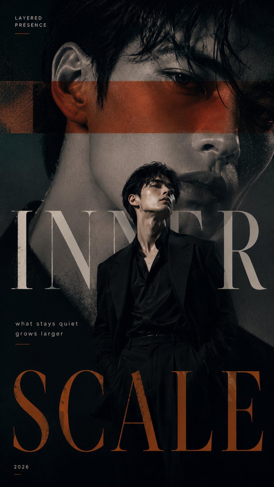 Create a 9:16 high-fashion editorial poster built around a…