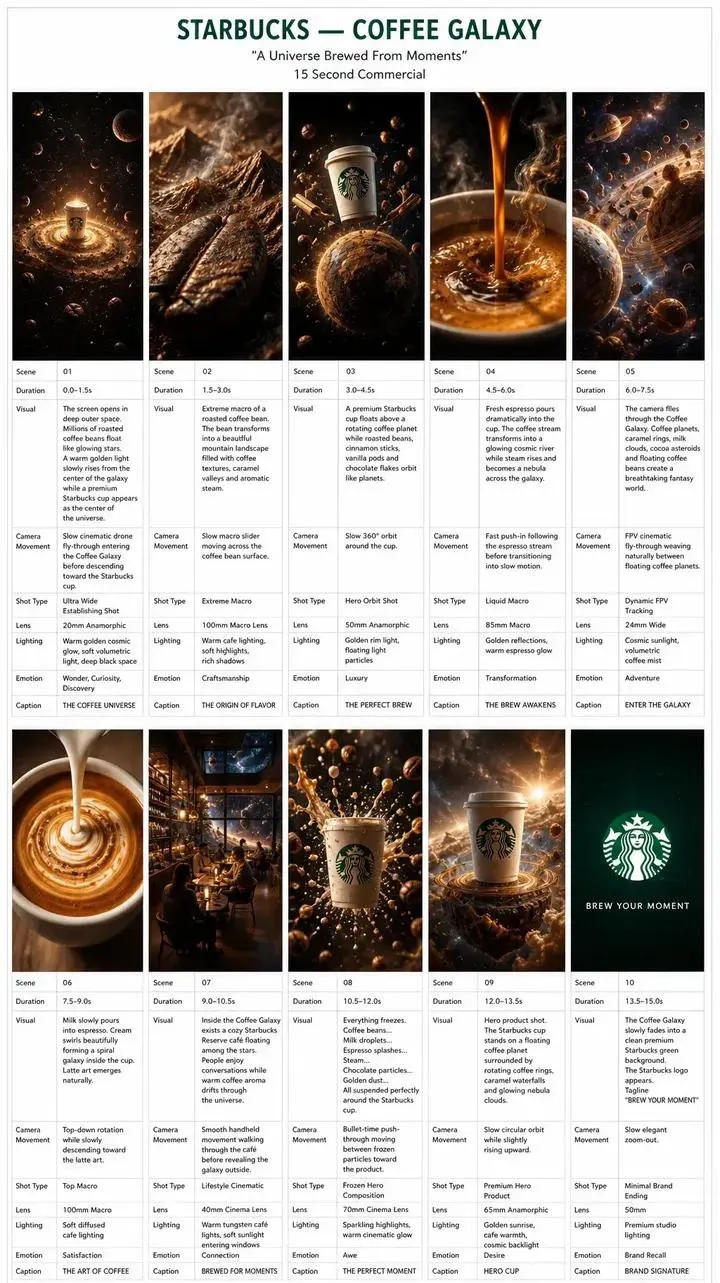 Create a 15-second ultra-photorealistic Hollywood commercial titled "STARBUCKS… — GPT Image 2 prompt by @AiwithLariab