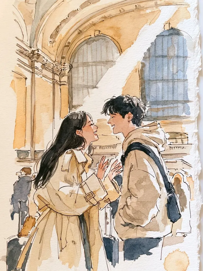 Sketchbook page photo, ink-first line surviving a high-key wash. Korean couple… — Midjourney prompt by @Goodmanprotocol