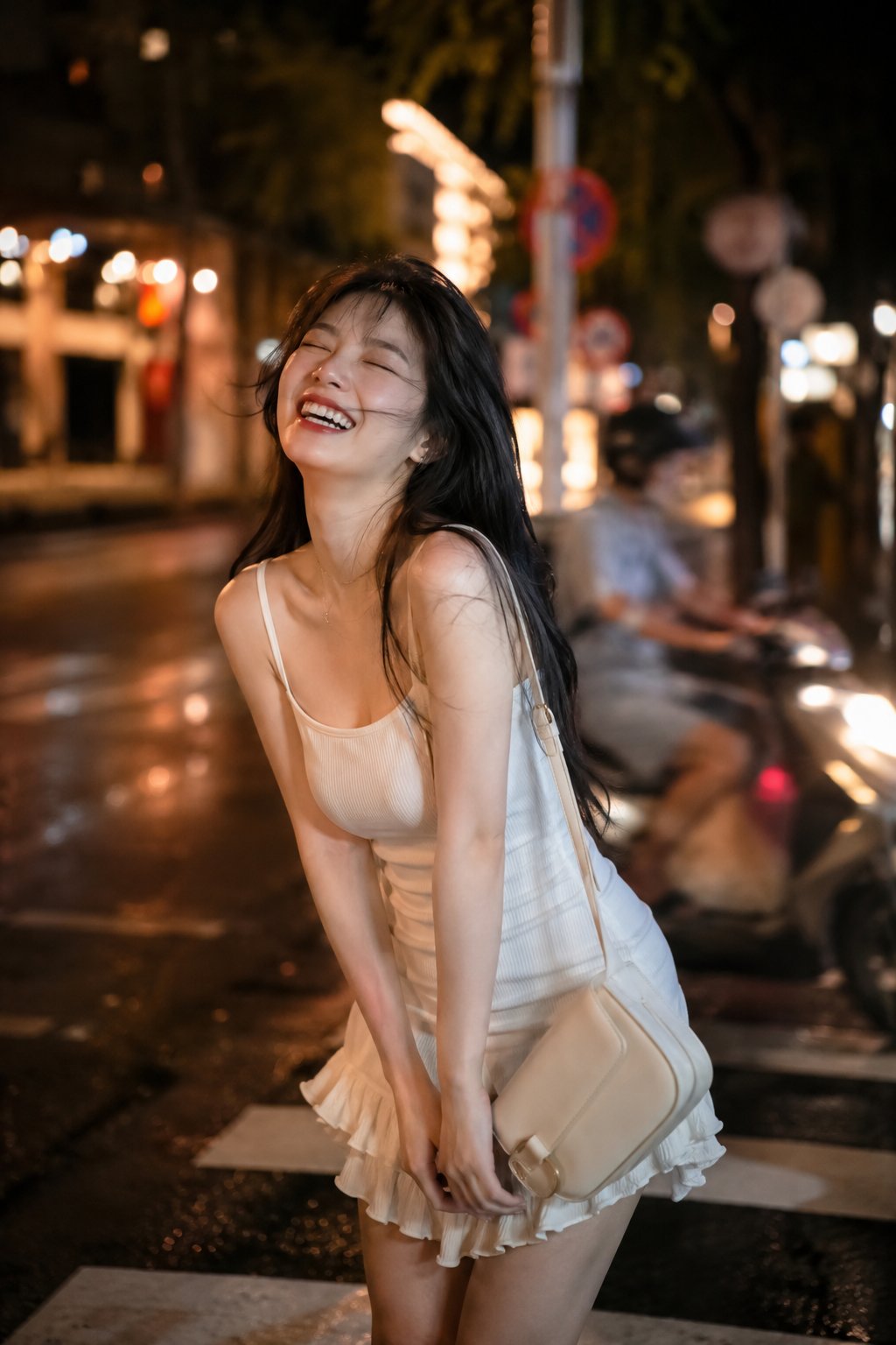 A beautiful young East Asian woman standing on a lively city street at night,… — AI-generated image by @MissDelulu9 using GPT Image 1