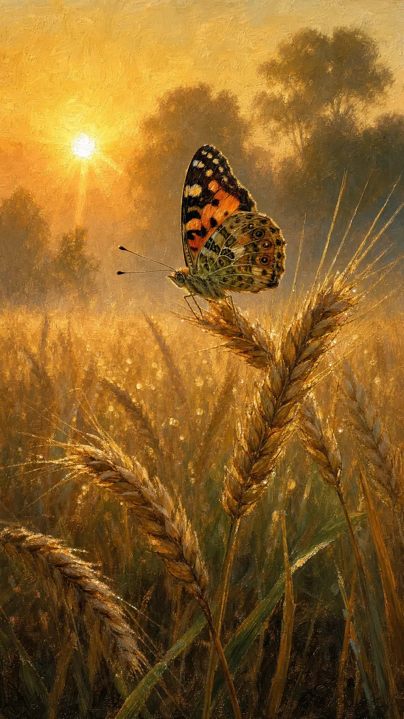 Golden hour in the wheat field. A quiet butterfly and a woman walking into the… — GPT Image 2 prompt by @churvikv